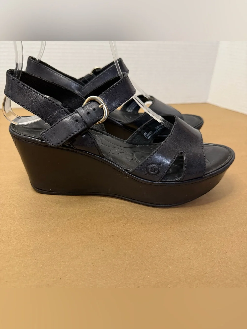 Born Black Leather T-Strap Wedge Sandals